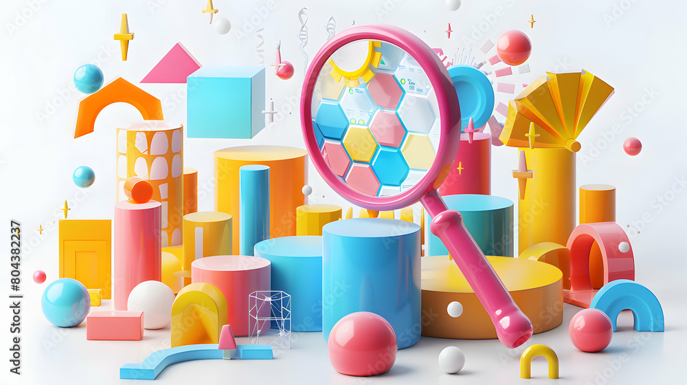 Poster abstract 3d icon: analyzing data patterns with magnifying glass in isometric scene - great for data-