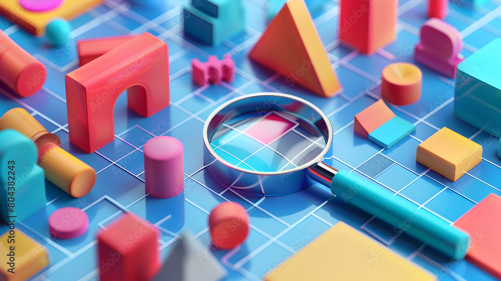 Aufkleber 3d analytical abstract composition: data analysis with magnifying glass in isometric scene and minia