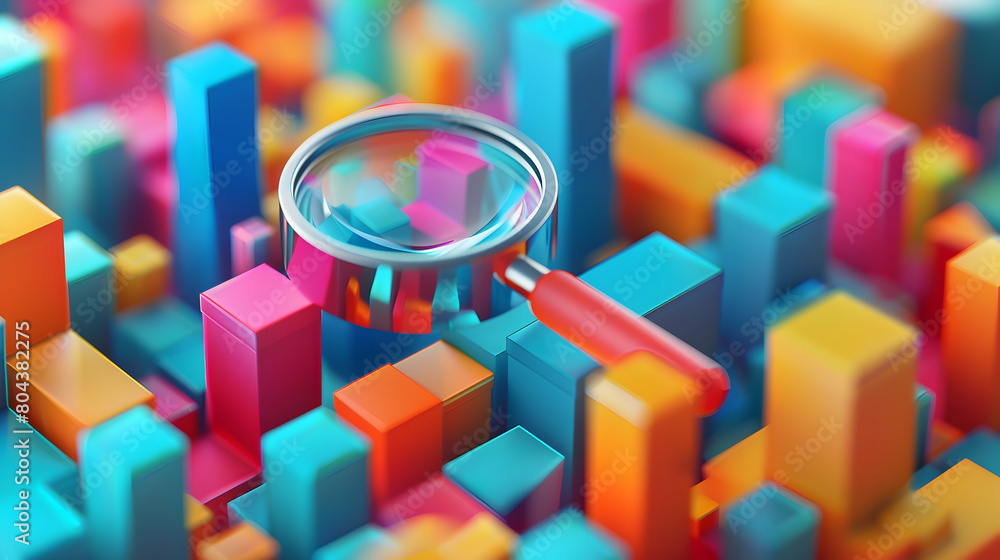 Poster data analysis 3d icon: analyzing information patterns with magnifying glass in isometric scene - con