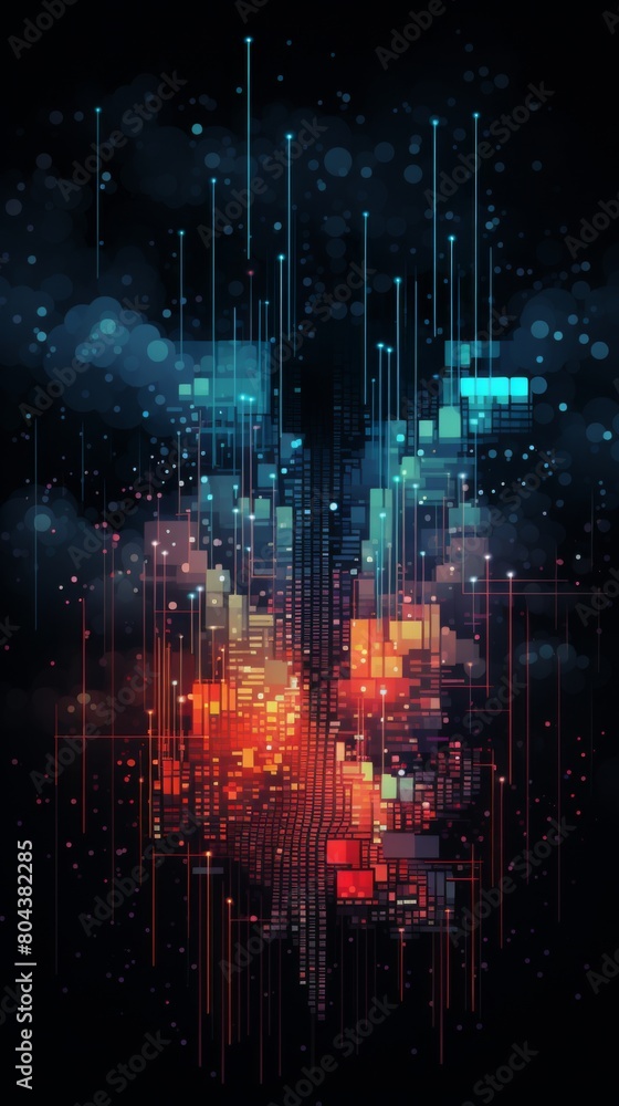 Poster dynamic colorful lines and dots dance on a dark canvas.