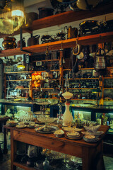 An antique shop with vintage items lining the shelves, showcasing antique treasures.