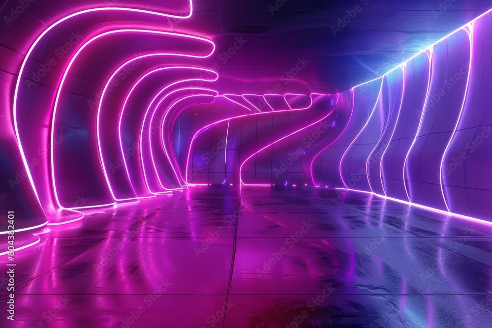 Poster create a seamless loop animation of a futuristic tunnel with glowing neon lights