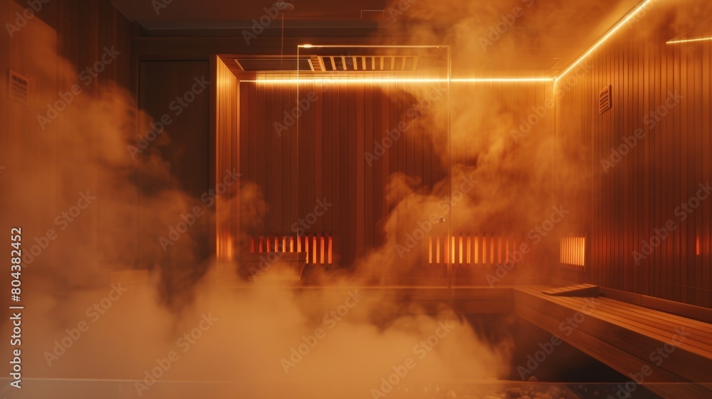 Poster steam rising from the infrared sauna while a of diffusers disperses fragrant scents throughout the r
