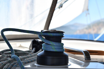 Rope winch on yacht cockpit