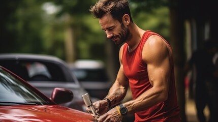 Skilled detailer using pressure washer on red sports car for professional cleaning in cinematic shot