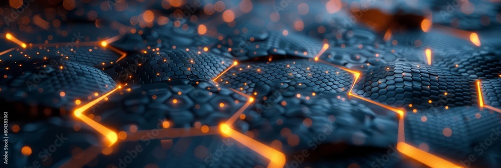 Poster create a seamless hexagonal pattern with glowing pink and yellow lights reflecting off of a glossy b