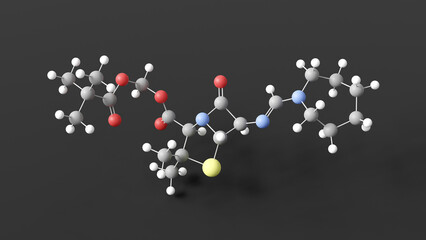 pivmecillinam molecular structure, natural penicillins, ball and stick 3d model, structural chemical formula with colored atoms