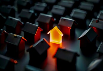 Fototapeta premium A single glowing orange house piece in the center and surrounded by black houses