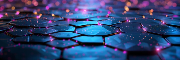 Create a seamless hexagonal pattern with glowing pink and yellow lights reflecting off of a glossy black surface. The hexagons should appear to be slightly raised from the surface.