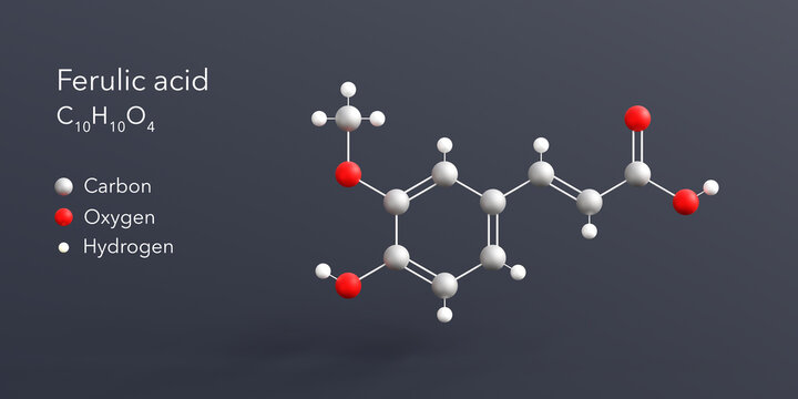 ferulic acid molecule 3d rendering, flat molecular structure with chemical formula and atoms color coding