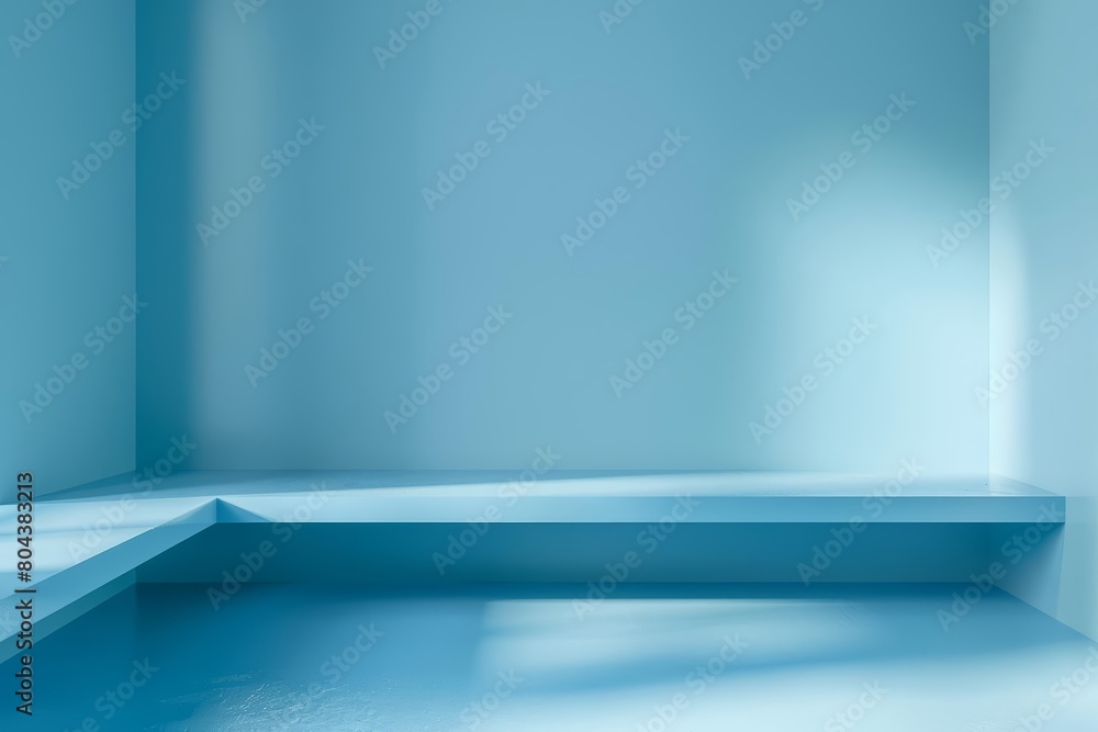 Poster create a 3d rendering of a blue room with a single blue table
