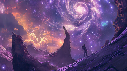 a digital painting of a cosmic traveler exploring an alien planet, with surreal landscapes and strange alien life forms, set against a backdrop of swirling galaxies and distant stars