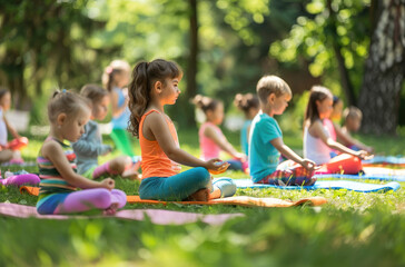 Children and young people practicing yoga outdoors in the park, a group of kids doing stretching poses on mats at summer camp, a healthy lifestyle concept