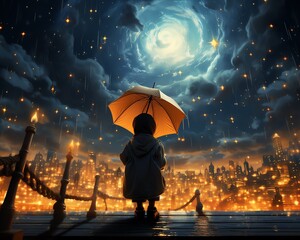 Little girl standing on a pier, holding an umbrella