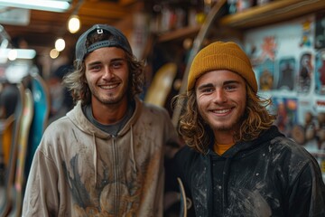 Obraz premium Twin brothers with surfboards smiling in a surf shop, giving off a relaxed vibe