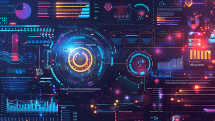 A dynamic infographic illustrating the impact of artificial intelligence on various industries, with colorful charts and graphs showcasing AI-driven innovations in healthcare, finance, transportation,
