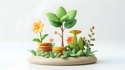 3D Isometric Flora Finance: Innovative Wallpaper with Financial Growth and Green Saving Elements in Miniature Diorama Art Concept