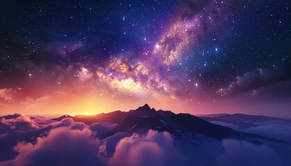 The Milky Way stretches across the sky above a majestic mountain range