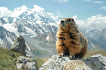 Wildlife animals background - Close up portrait of funny cute marmot (marmota) in the mountains landscape
