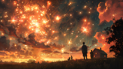 Firework Display Fourth of July People Watching,
AI-generated illustration of a person looking at the fireworks in the night sky.
