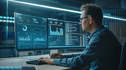 An analyst uses a computer and dashboard for data business analysis and Data Management System with KPI and metrics connected to the database for technology finance, operations, sales, marketing 