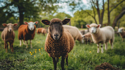 Obraz premium Sheep grazing in green field, focus on brown sheep, natural light, rural farm animal in countryside