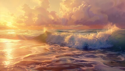 Fototapeta premium A beautiful sunset over the ocean. The warm colors of the sky and the gentle waves crashing on the shore create a peaceful and relaxing scene.