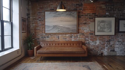 Leaning against exposed brick wall, Clean Lines, Neutral Color Palette, Statement Lighting, The frame leans against an exposed brick accent wall, illuminated by a sleek pendant light
