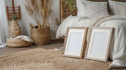 close up photo of frame mockups laying on the floor, leaning against each other in front of bed with white linen and wooden headboard, cozy bedroom interior, brown carpet with texture pattern