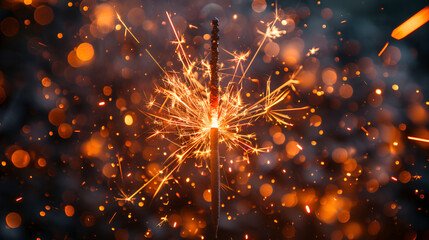 A single sparkler letting off a shower of gold flares and sparks,
 Fourth of July Sparkler Pyrotechnics
