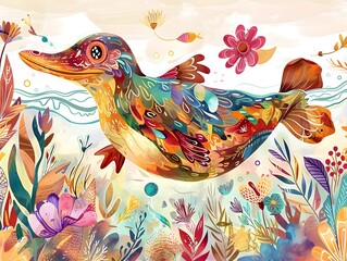 Whimsical Platypus Swimming Through Fantastical Dreamscape Filled with Vibrant Flora and Fauna