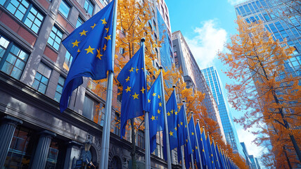 Many european union flags fly over the building. EU flag on the street of a European city.