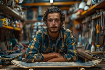Pensive man in a plaid shirt rests on a skateboard, surrounded by workshop tools and equipment