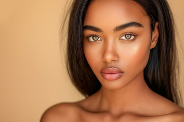 Young beautiful multiracial woman, brunette beauty model with brown eyes and bare shoulders posing on beige background with copy space. Skin care product advertising. Clean facial skin.