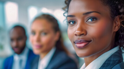 Obraz premium Portrait of attractive confident black businesswoman while business meeting in the office. Female leader of the commercial company.