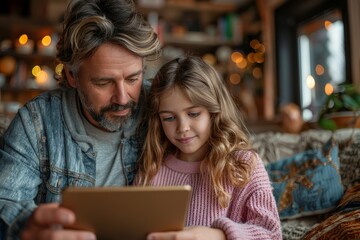 Adult male and child engrossed in using a digital tablet together in a cozy home environment, symbolizing learning and bonding