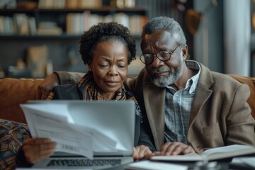 Senior African American couple engaged in reading and discussing documents together, depicting teamwork and partnership - Powered by Adobe