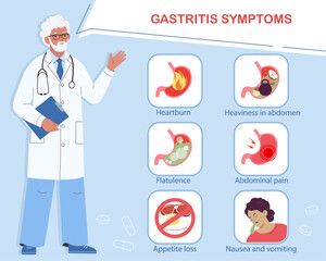 Physician talks about the symptoms of gastritis. Medical info poster. Infographic of gastritis symptoms. Flat cartoon vector illustration