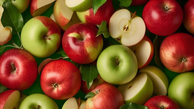Top view of vibrant red and green apples with leaves, creating a colorful and refreshing background. The assortment includes whole and sliced apples, ideal for healthy lifestyle themes