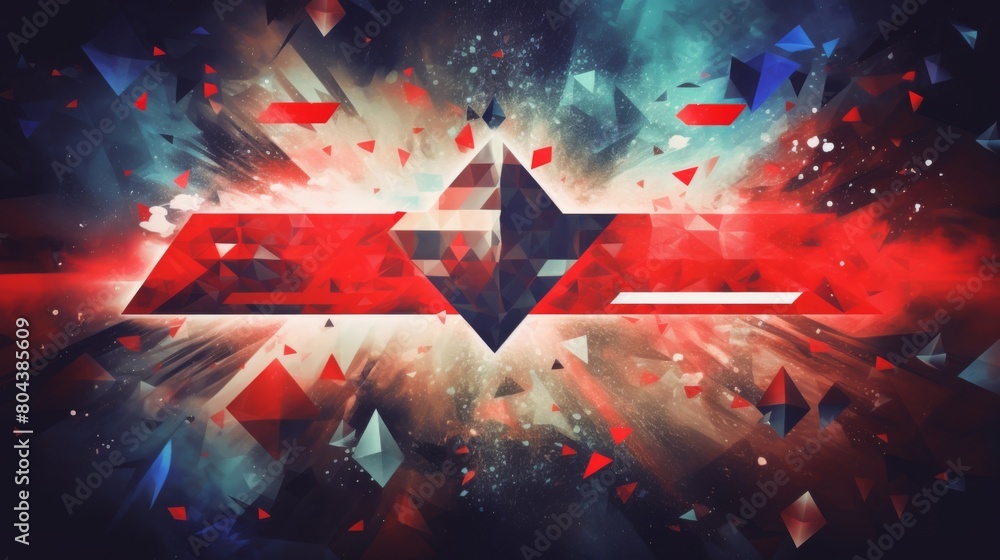 Poster red and blue abstract background filled with overlapping triangles.