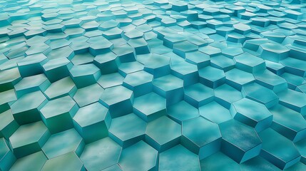A vast canvas of interlocking hexagons in shades of ocean blue and seafoam green, creating a mesmerizing honeycomb pattern that suggests the complexity and beauty of natural geometries. 32k