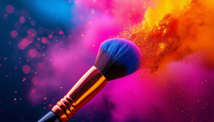 A makeup brush with a dynamic explosion of colorful powder creating a vibrant