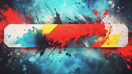 A snowboard adorned with colorful paint splatters creating an artistic and dynamic appearance.