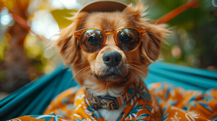  Funny Dog in Sunglasses, Hawaiian Shirt, Cap,
A dog in a car with sunglasses on and a scarf around his neck.
