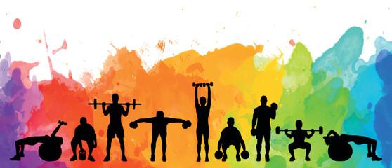 Detailed vector illustration silhouettes strong rolling people set girl and man sport fitness gym body-building workout powerlifting health training dumbbells barbell. Healthy lifestyle	