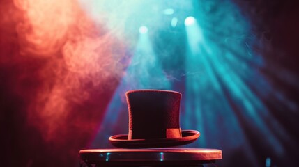 magician hat on stage with curtains in the background