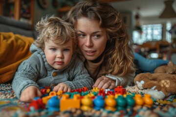 Obraz premium A young mother is playing with her child and colorful blocks on a quilt, indicating bonding and education