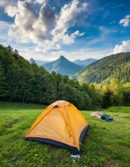 summer camping in a forest surrounded by tall trees and large mountains