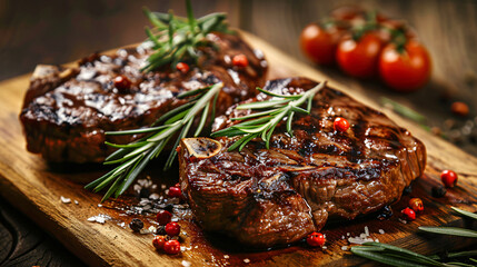 Delicious grilled steaks on wooden board closeup