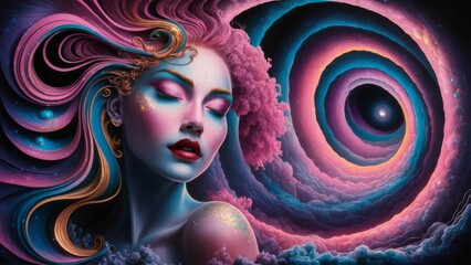 Captivating Surreal Artwork of a Woman with Swirling Cosmic Background